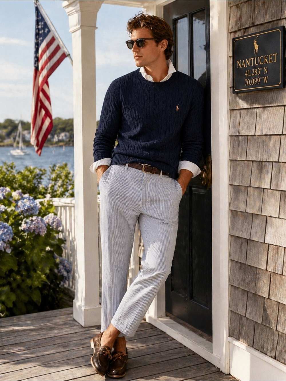 POLO RALPH LAUREN Seersucker Striped Straight Fit Pants Blue White 38x30 Preppy